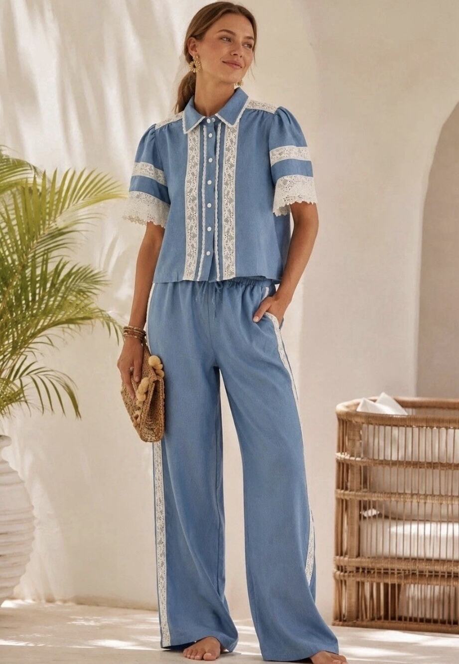 NWT Caroline Constas Blue Lace Trim Pants SET Sz M Cottagecore Coquette Luxury